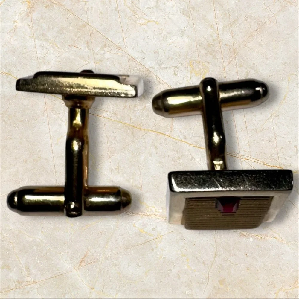 Vintage Anson Gold Tone and Red‎ Stone Square Textured Cuff Links